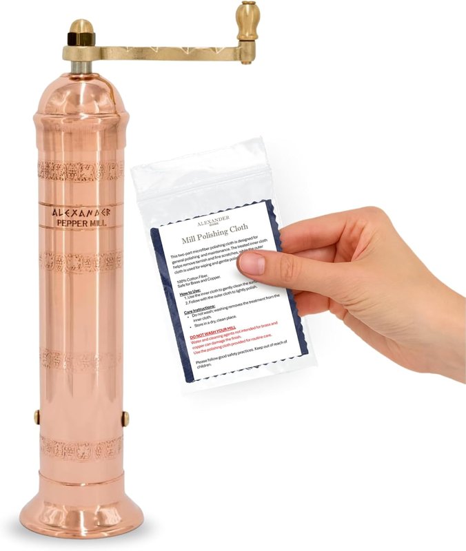 Alexander Home Original Greek Pepper Mill, 9-Inch Copper – European Manual Pepper Grinder Refillable, with Polishing Cloth